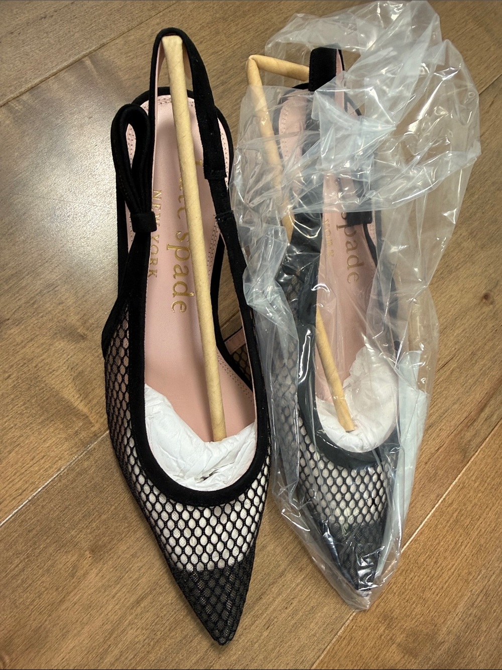 kate spade Black Mesh Pointed Slingback Heels with Pink Insole